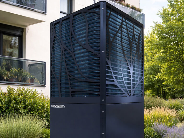 Eine Zewotherm Wärmepumpe in einem Garten